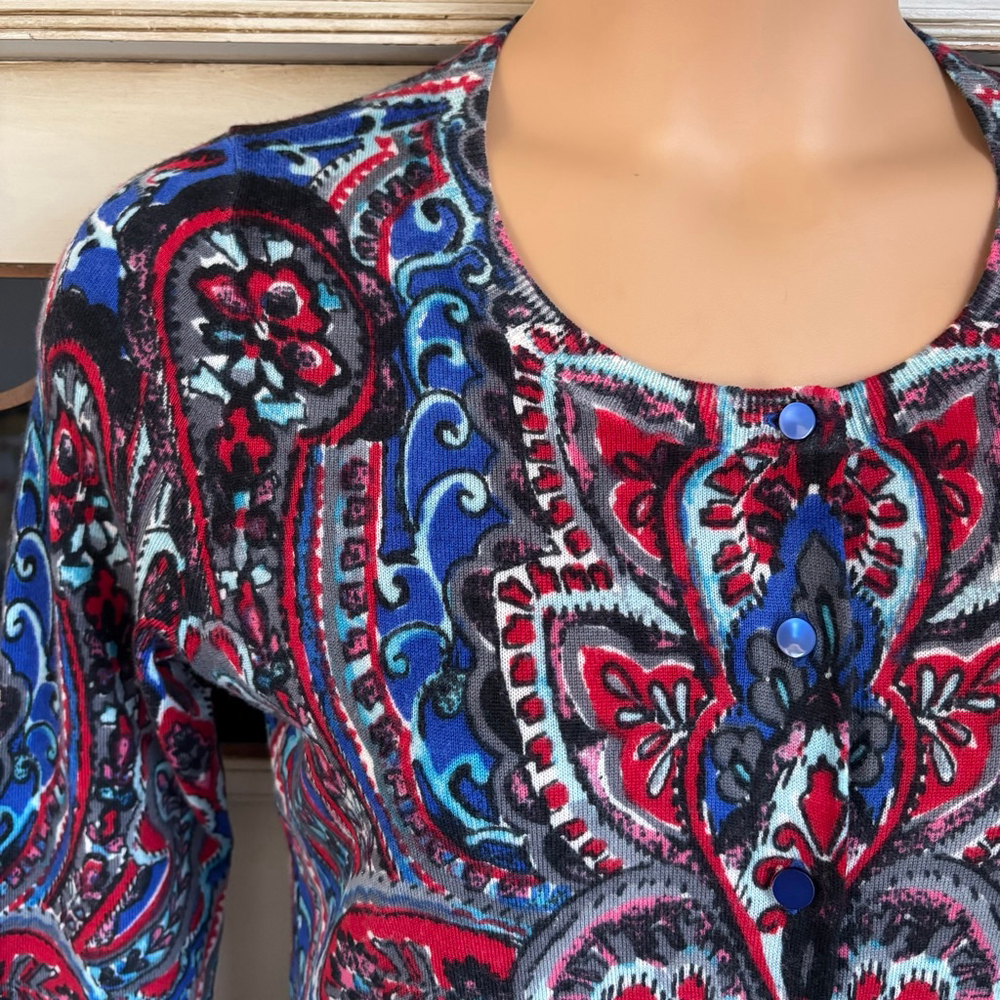 EUC 100% Merino Wool Jewel Tone Paisley Cardigan | Size Med - Picture 2 of 8
